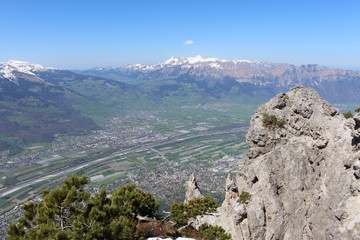 Aerial view of Liechtenstein (Upper Rhine valley), taken from the Alpspitz peak in Gaflei village in the municipality of Triesenberg.