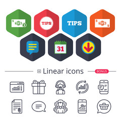 Tips icons. Cash with coin money symbol.