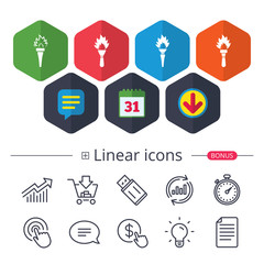 Torch flame icons. Fire flaming symbols.