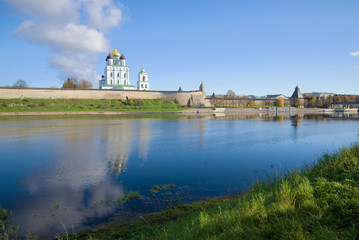 A sunny October day on the Great River, Pskov, Russia