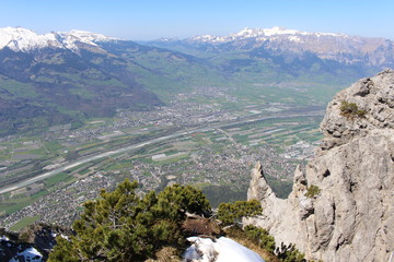 Aerial view of Liechtenstein (Upper Rhine valley), taken from the Alpspitz peak in Gaflei village in the municipality of Triesenberg.