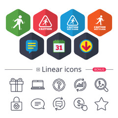 Caution wet floor icons. Human falling signs.