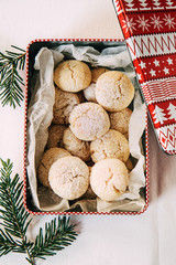 Traditional swiss christmas cookies with coconut in a tin box