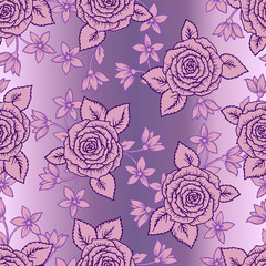 beautiful pink and lilac seamless pattern roses with little flowers. Hand-drawn contour lines and strokes. Sketch engraving style monochrome flowers and leaves. Intricate romantic background