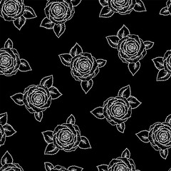 beautiful black and white seamless pattern roses with outlines. Hand-drawn contour lines and strokes. Sketch engraving style monochrome flowers and leaves. Intricate romantic background, decoration