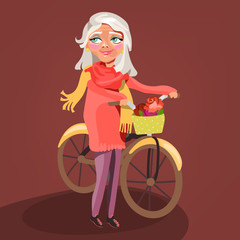 Fototapeta na wymiar Active senior (old women, lady) cartoon, cute, adorable vector character. The senior lady with bycicle smiling and happy