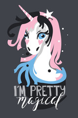 Beautiful, cute, pretty, cartoon, flat, graphic unicorn with lettering (calligraphy) 