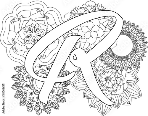 Mandala R Monogramlogo Doodle Floral Letters Coloring Book For Adult