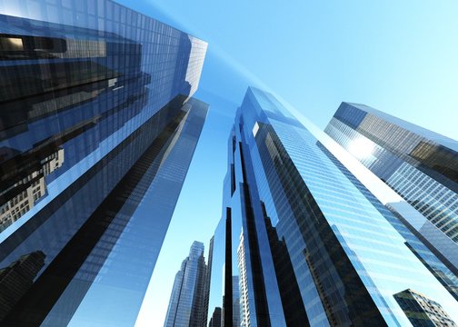 skyscrapers against the clouds, modern buildings view from below, banner, 3D rendering