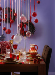 purple wall and new year style with christmas red balls
