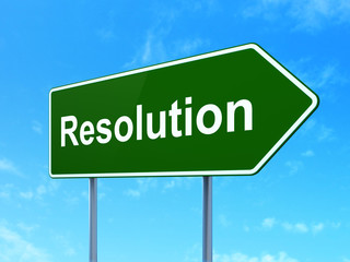 Law concept: Resolution on green road highway sign, clear blue sky background, 3D rendering