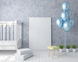 Poster blank mockup with gold balloons in modern interior, frame greeting card 3d rendering