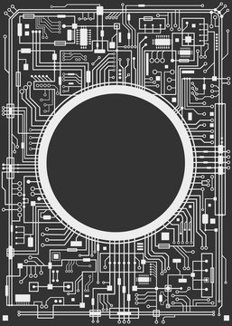 Chipset digital background isolated on black. CPU technology concept. Vector black and white vertical illustration.