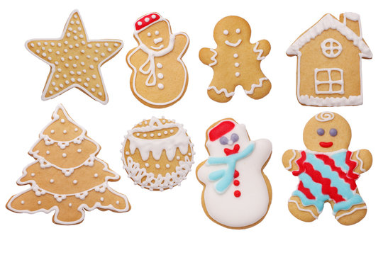 Set of Christmas gingerbread cookies on white background isolated