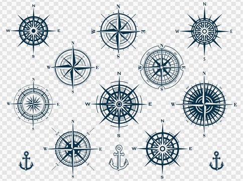 Set of wind roses silhouettes on transparent background. Compass vector illustrations.
