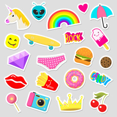 Girl fashion stickers patches cute colorful badges fun cartoon icons design doodle element trendy print vector illustration.