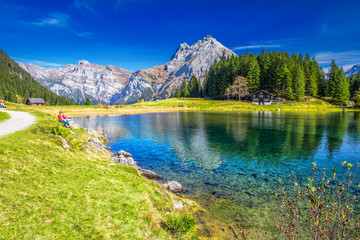 Arnisee with Swiss Alps. Arnisee is a reservoir in the Canton of Uri, Switzerland