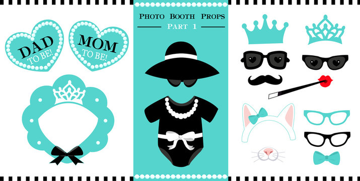 Set of  photo booth printable props for bridal, baby shower, birthday party and wedding in vintage style. Vector frame of bonnet shape. Little baby black dress - bodysuit. 