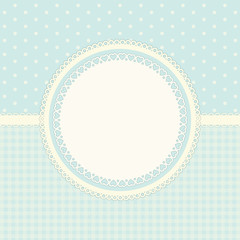 Primitive retro frame with lace and ribbon on polka dots and gingham background