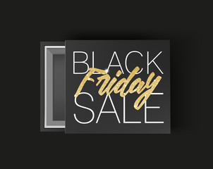 Black friday sale banner. Package. Vector illustration. Black empty box mock up on dark gray background. Top view
