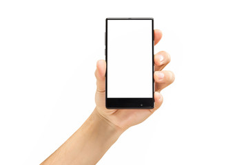 Mockup of male hand holding black frameless cell phone with blank screen isolated at white background.