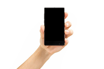 Mockup of male hand holding black frameless cell phone with black screen isolated at white background.