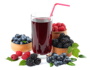 glass of blueberry juice isolated on white background.