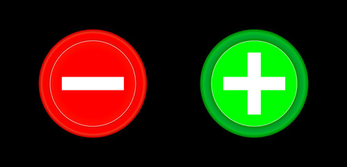Plus and minus red and green circle 3D button . Add, cancel, or the plus and minus signs on buttons or circles icon isolated on black background. Vector illustration.