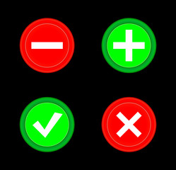 Obraz premium Tick, cross, plus, minus icon set red and green circle 3D button . Add, cancel, or the plus and minus signs on buttons or circles icon isolated on black background. Vector illustration.