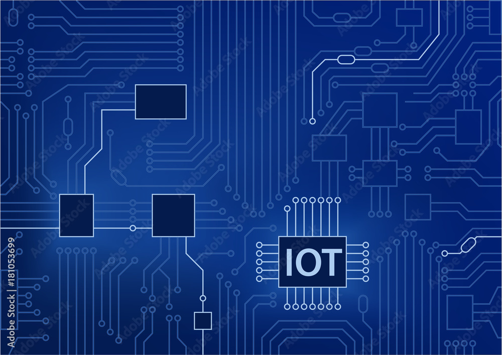 Poster iot text displayed on circuit board with blue background. internet of things concept vector illustra