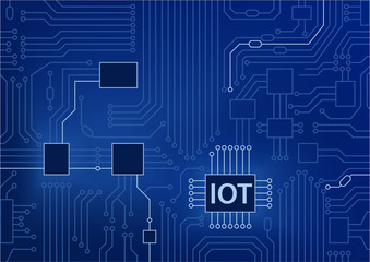 IOT text displayed on circuit board with blue background. Internet of things concept vector illustration