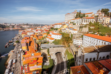 Top view on the Douro river with Ribeira region in the old town of Porto city, Portugal