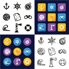 Nautical All in One Icons Black & White Color Flat Design Freehand Set © Bakai