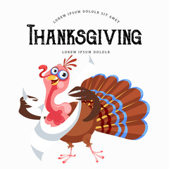 Cartoon thanksgiving turkey character in hat, autumn holiday bird vector illustration happy greeting text on flyer or card on white background