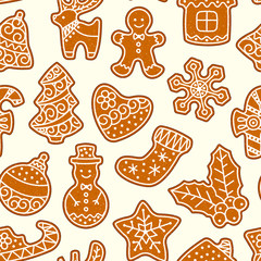 Christmas cake vector sweet desserts food traditional cakes for Xmas dinner and teatime - tree, deer, cakeman, bell, house, sock and penguin seamless pattern background