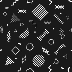 Memphis style seamless pattern on black background