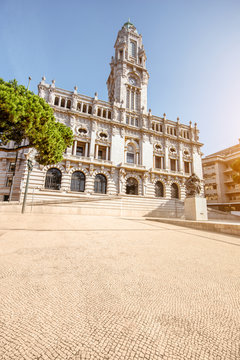 Morning view on the city hall building on the central square in Porto city, Portugal