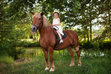 Llittle girl is riding a horse. Summer meadow.