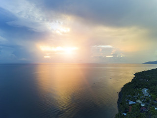 Aerial view from drone on  sea on a sunset. Bali. Indonesia..