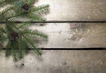 Christmas and New Year Concept. Fir tree branch with cones on wooden board, Top view, flat lay