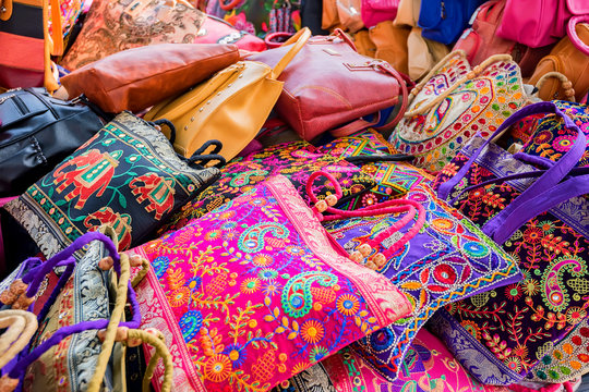Range of colorful ethnic bags on Indian market