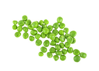 Fresh green peas on white background. Top view.