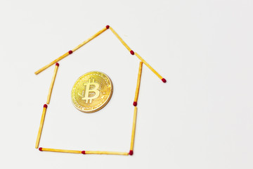 Golden bitcoin on isolate white background concept mining house, apartment, purchase,