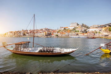 Landscape view on the Douro river with boat in Porto city, Portugal