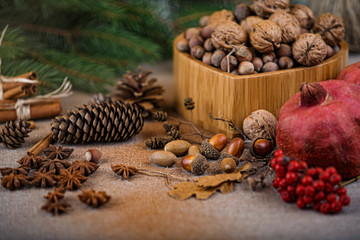Christmas still life of nuts, spruce branches, acorns, alder cones and pomegranate, laid out on rough fabric