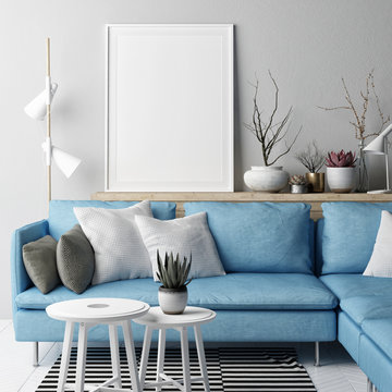 Mock up poster, Living room Nordic concept design, blue sofa on gray background, 3d illustration, 3d render