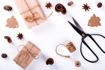 Christmas Background with Decorations and gift Boxes on a White Background  Top view. Copy space.selective focus .