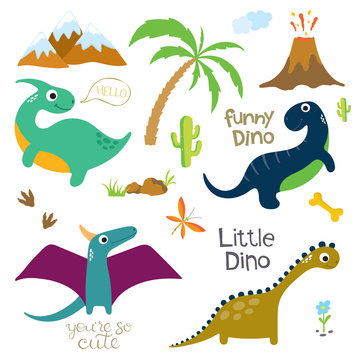 Dinosaur footprint, Volcano, Palm tree and other design elements