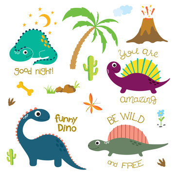 Dinosaur footprint, Volcano, Palm tree and other design elements