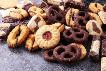 Detail of delicious Christmas cookies with chocolate and gingerbread.